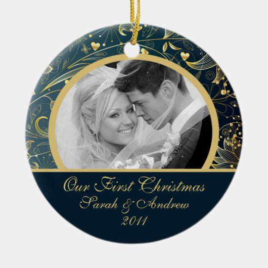 Erstes WeihnachtsFoto-Verzierungs-Goldblumenblau Keramikornament (Vorne)