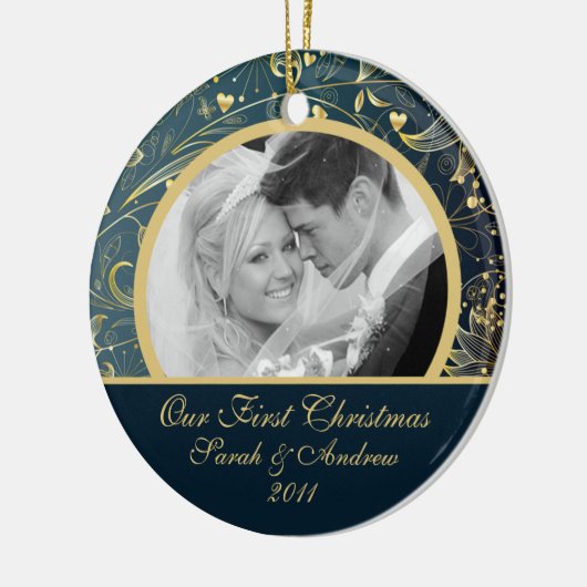 Erstes WeihnachtsFoto-Verzierungs-Goldblumenblau Keramikornament (Links)