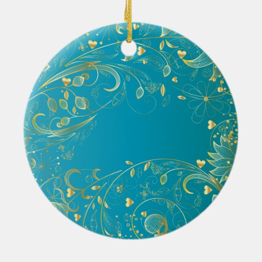 Erstes WeihnachtsFoto-Verzierungs-Goldblumenblau Keramikornament (Hinten)