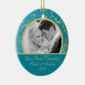 Erstes WeihnachtsFoto-Verzierungs-Goldblumenblau Keramikornament (Rechts)