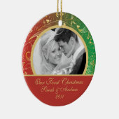 Erstes WeihnachtsFoto-Verzierungs-Goldblumenrot Keramik Ornament (Rechts)