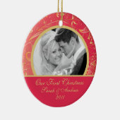 Erstes WeihnachtsFoto-Verzierungs-Goldblumenrot Keramik Ornament (Rechts)