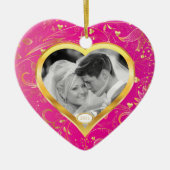 Erstes WeihnachtsFoto-Verzierungs-Goldherz-Rosa Keramik Ornament (Vorne)