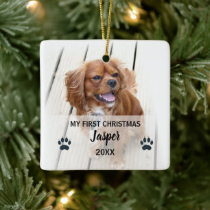 Erstes Weihnachtsfoto vom Hund als Baumschmuck Keramikornament