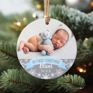 Erstes Weihnachtslicht Blaues Baby Jungen Foto Ornament