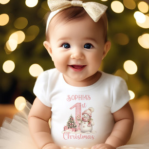 Erstes Weihnachtsmädchen Rosa Vintage Schneemann Baby T-shirt