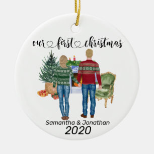 Erstes Weihnachtspaar Blondes Haar Frischvermählte Keramik Ornament