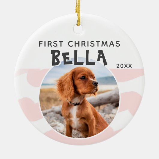 Erstes Weihnachtsrosa Wasserfarbe Welpenhund Foto Keramik Ornament (Hinten)