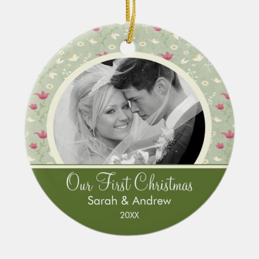 Erstes Weihnachtsverzierungs-Grün-Rosa mit Blumen Keramik Ornament (Vorne)