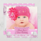 Erstgeburt 1. Girl Hübsch Pink Cupcakes Baby Einladung (Vorne/Hinten)