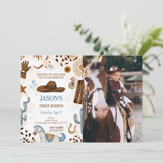 Erstgeburt Cowboy Foto Einladung (Stehend Vorderseite)