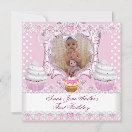 Erstgeburt Girl Pink Cupcakes White Baby Einladung (Vorderseite)