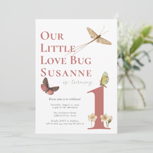 Erstgeburt Liebe Bug Baby Girl Einladung (Stehend Vorderseite)