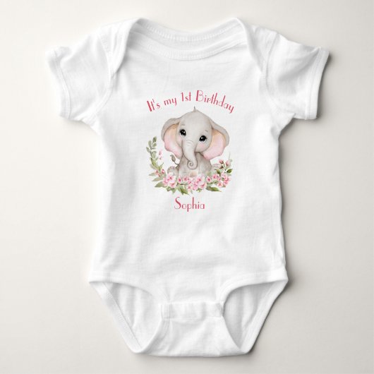 Erstgeburt Mädchen Elephant Pink Personalisiert Baby Strampler (Vorderseite)