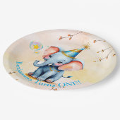 Erstgeburt Niedlicher Blauer Elefant Golden Floral Pappteller (Schrägansicht)