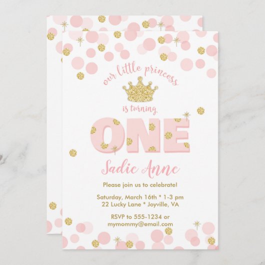 Erstgeburt Princess Pink Gold Glitzer Einladung (Vorne/Hinten)