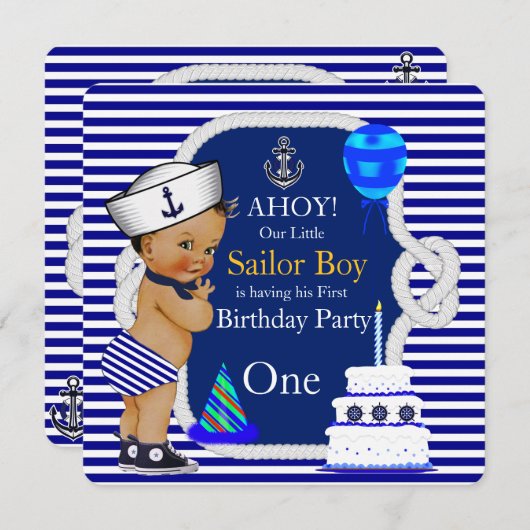 Erstgeburt Sailor Boy Navy Blauer Streifen Einladung (Vorne/Hinten)