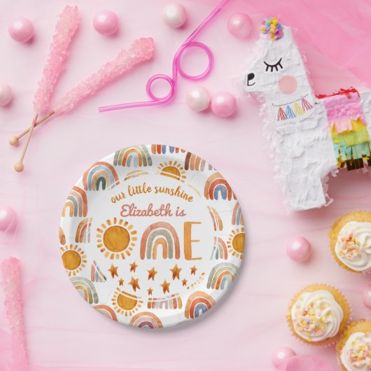 Erstgeburtenfarbener Sonnenschein und Regenbogen Pappteller (Party)