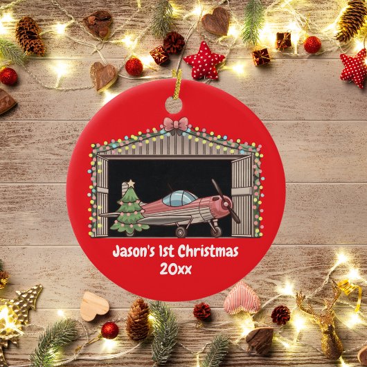 Erstgeburtsjunge Red Airplane Tree Hangar Pilot Bo Keramik Ornament