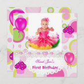 Erstgeburtstag 1. Girl Cupcakes Pink Balloons Einladung (Vorne/Hinten)