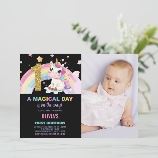 Erstgeburtstag Einhorn Geburtstag Einladungen Foto (Stehend Vorderseite)