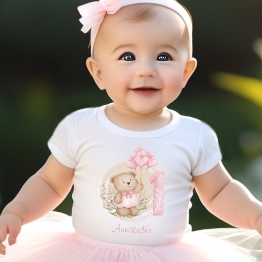 Erstgeburtstag Niedlicher Teddybär & Herzballoons Baby T-shirt