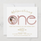 Erstgeburtstag Rose Gold Glitzer Foto Einladung (Vorderseite)