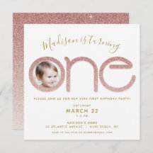 Erstgeburtstag Rose Gold Glitzer Foto Einladung