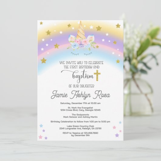 Erstgeburtstag und Taufeinladung einsinken. Einladung (Stehend Vorderseite)