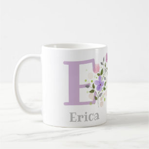 Erstinitiale plus Name Erica mit Blumen Kaffeetasse