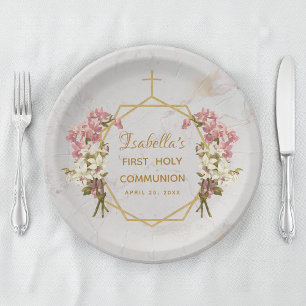 Erstklassige Kommunion Floral Gold Marmor Orchidee Pappteller