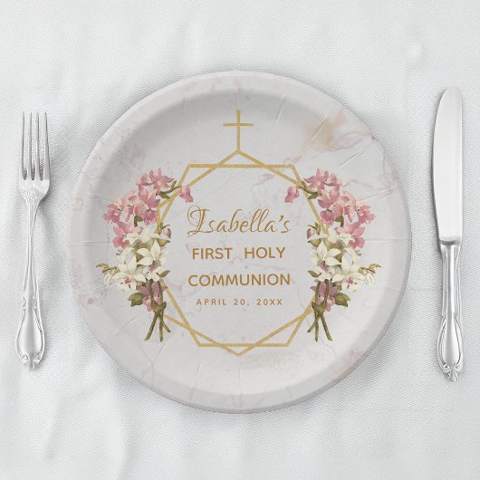 Erstklassige Kommunion Floral Gold Marmor Orchidee Pappteller