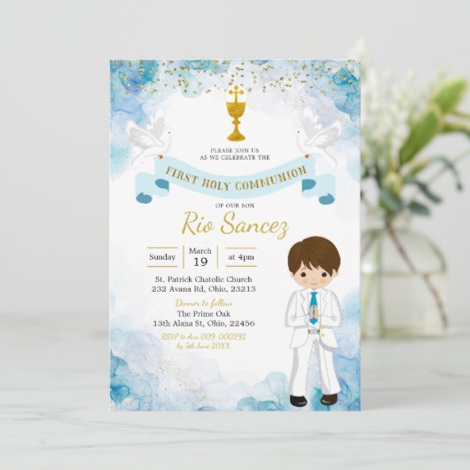 Erstkommunierung von Blue and Gold-Jungen Einladung (Stehend Vorderseite)