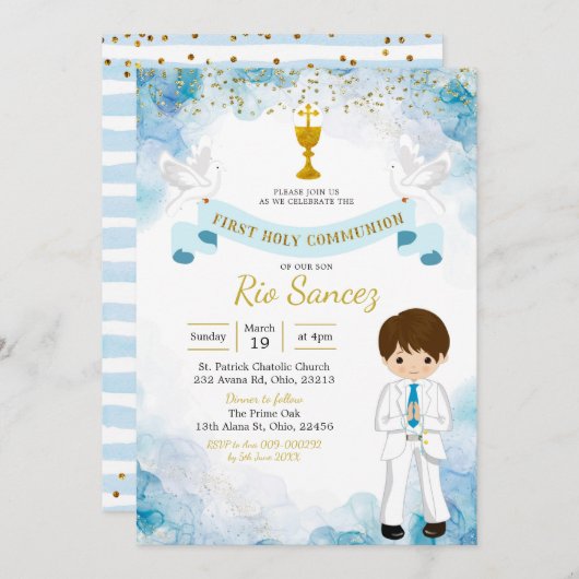 Erstkommunierung von Blue and Gold-Jungen Einladung (Vorne/Hinten)