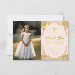 Erstkommunion Antikes Mädchen Foto Rosa Gold Dankeskarte