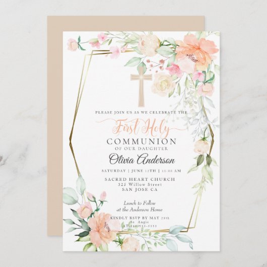 Erstkommunion | Aquarellfarbene Frühlingsblumen Einladung (Vorne/Hinten)