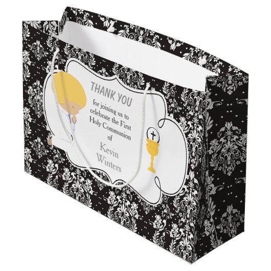 Erstkommunion Blonde Boy Black Damask Große Geschenktüte (Rückseite Schrägansicht)