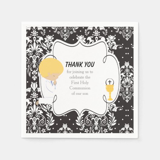Erstkommunion Blonde Boy Black Damask Serviette (Vorderseite)