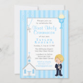 Erstkommunion Blue Stripes Blonde Hair Boy Invit Einladung (Vorderseite)