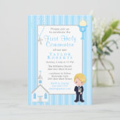 Erstkommunion Blue Stripes Blonde Hair Boy Invit Einladung (Stehend Vorderseite)