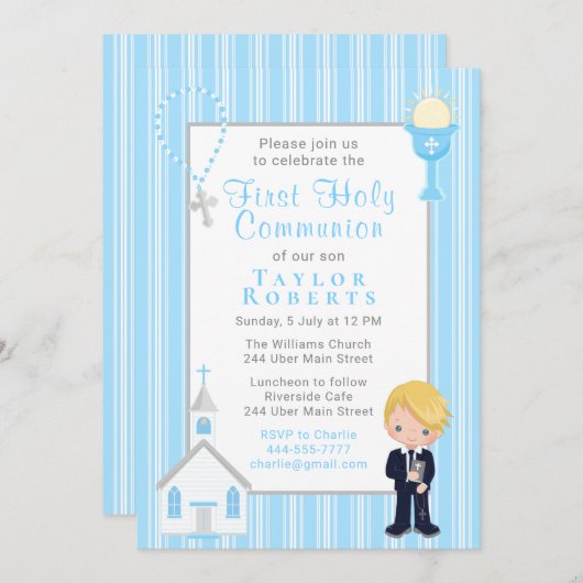 Erstkommunion Blue Stripes Blonde Hair Boy Invit Einladung (Vorne/Hinten)