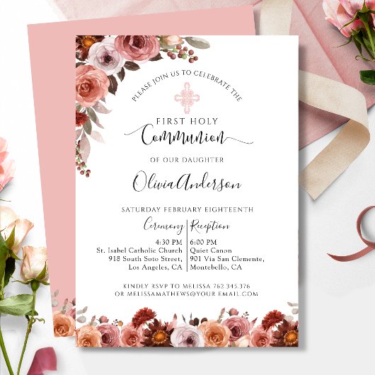 Erstkommunion der Girl Blush Pink Blumenzelleneinl Einladung