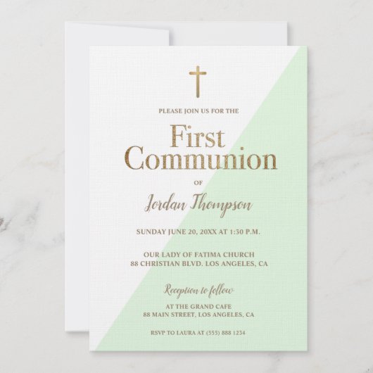 Erstkommunion des modernen Minzgrün White Gold Einladung (Vorderseite)