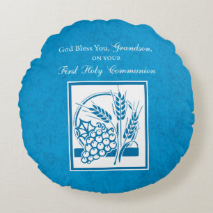 Erstkommunion Enkel Blau, Weizen, Trauben Rundes Kissen