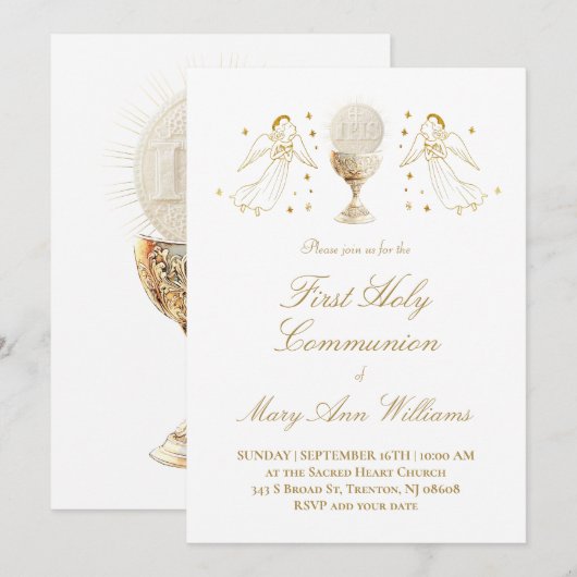Erstkommunion Eucharistie goldene Engel Einladung (Vorne/Hinten)