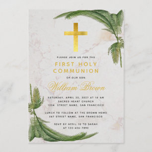 Erstkommunion Farngrün Gold Kreuz Marmor Einladung