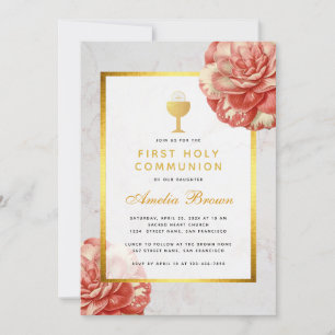Erstkommunion Faux Gold Floral Rosa Kamelie Einladung