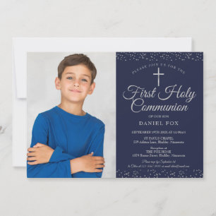 Erstkommunion Foto in Navy Blau Silber Einladung