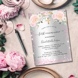 Erstkommunion Girl silber-rosa Blumensträuße Glitz Einladungspostkarte