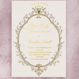 Erstkommunion Goldfolientext beige Rahmen Folieneinladung
